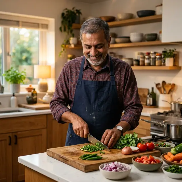 Smiling man in blue apron chopping fresh vegetables in warm sunlit kitchen β AI generated cooking dating profile photo for tinder