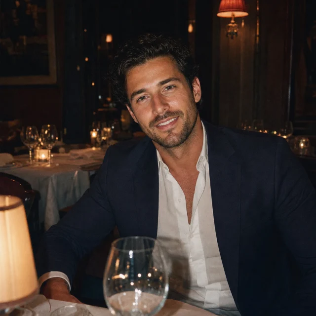 Man at upscale restaurant table with wine glasses and candlelight - AI generated Tinder dating profile photo