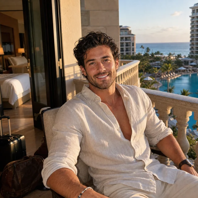 Man on five-star hotel balcony with pool and ocean view - AI generated Tinder dating profile photo