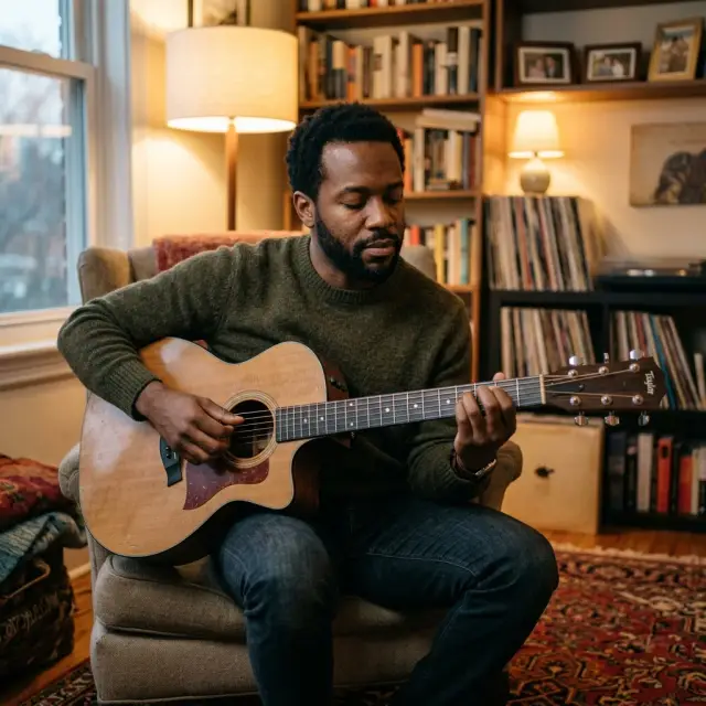 Man in olive sweater playing acoustic guitar in cozy living room β AI generated hobby dating profile photo for tinder
