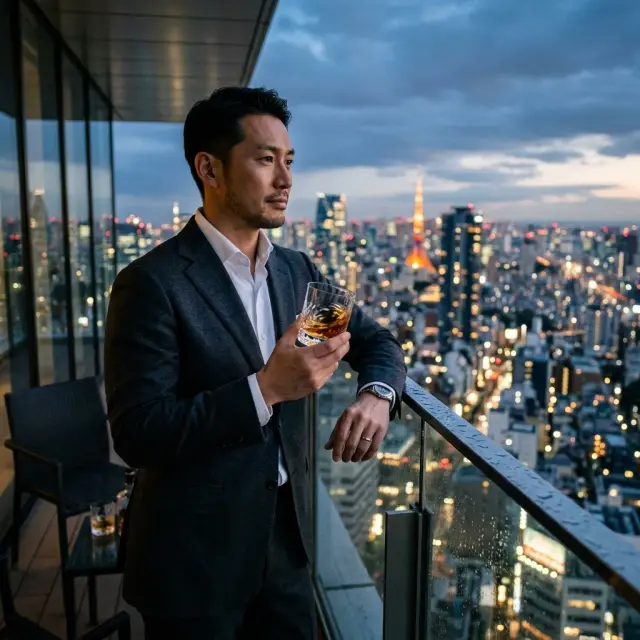 Man in charcoal suit holding whiskey glass with Tokyo skyline at blue hour dusk β AI generated dating profile photo for tinder