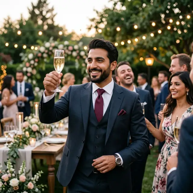 Smiling man in three-piece navy suit raising champagne toast at garden wedding β AI generated formal dating profile photo for tinder
